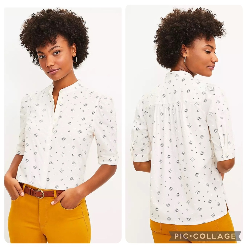 LOFT Geo Print Puff Sleeve Button Down Blouse Cream Black NWT Small Cotton Modal